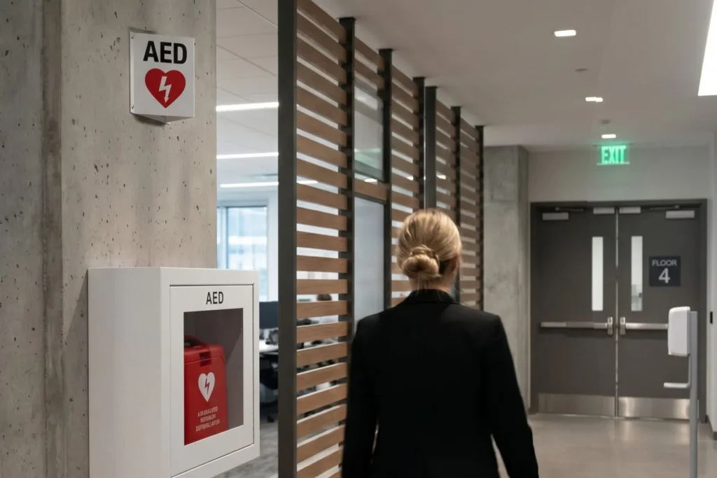 Woman walking in a hallway past an AED.