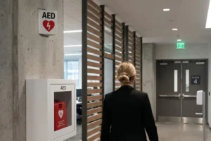 Woman walking in a hallway past an AED.